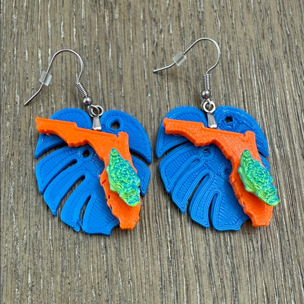 University of Florida Gators Blue and Orange Leaf Earrings with Alligator 🐊💙🧡